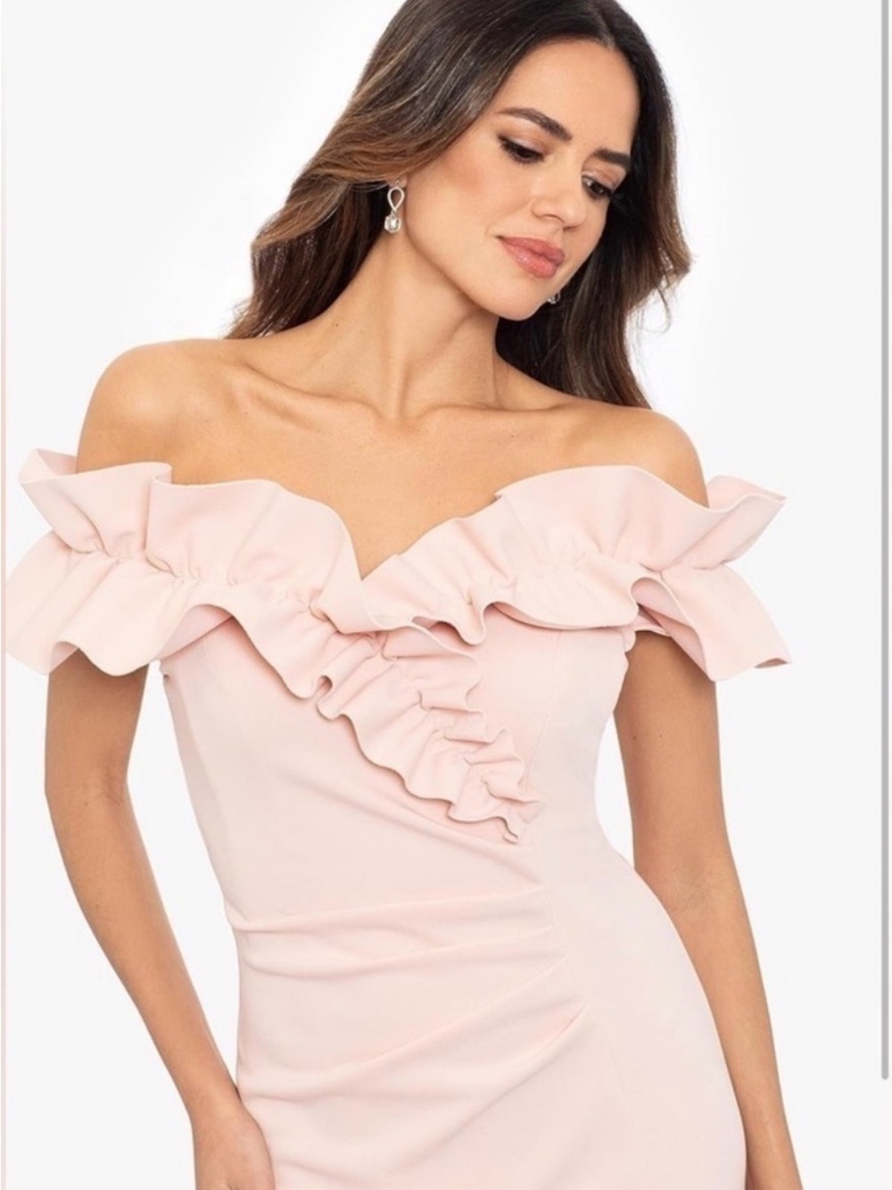 Xscape Blush Pink Off Shoulder Ruffle Ruched Maxi Gown Dress Size 8 NWT